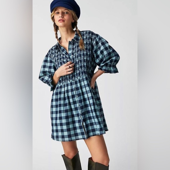 Free People Tops - NWOT! Free People Charlotte XS blues plaid smocked top tunic/mini dress. Pockets